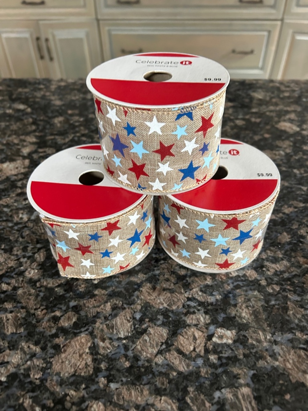CELEBRATE IT BURLAP WIRED  RIBBON IN RED WHITE & BLUE STARS 2.5"X6.6 YD LOT OF 3